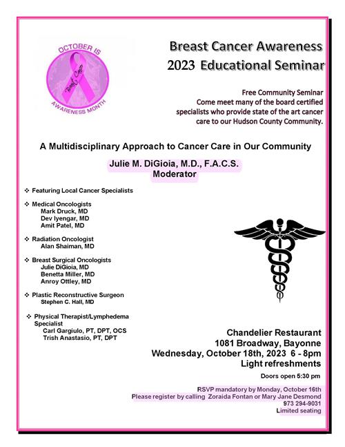 Free Community Seminar on Breast Cancer Awareness. Meet state of the art providers who serve Hudson County. Wed Oct 18, 6-8p